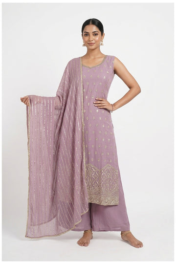 Lilac Embroidered Kurta Palazzo Set With Dupatta
