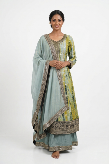 Mint Green & Lime Tie-Dye Anarkali Set with Zari Border Dupatta