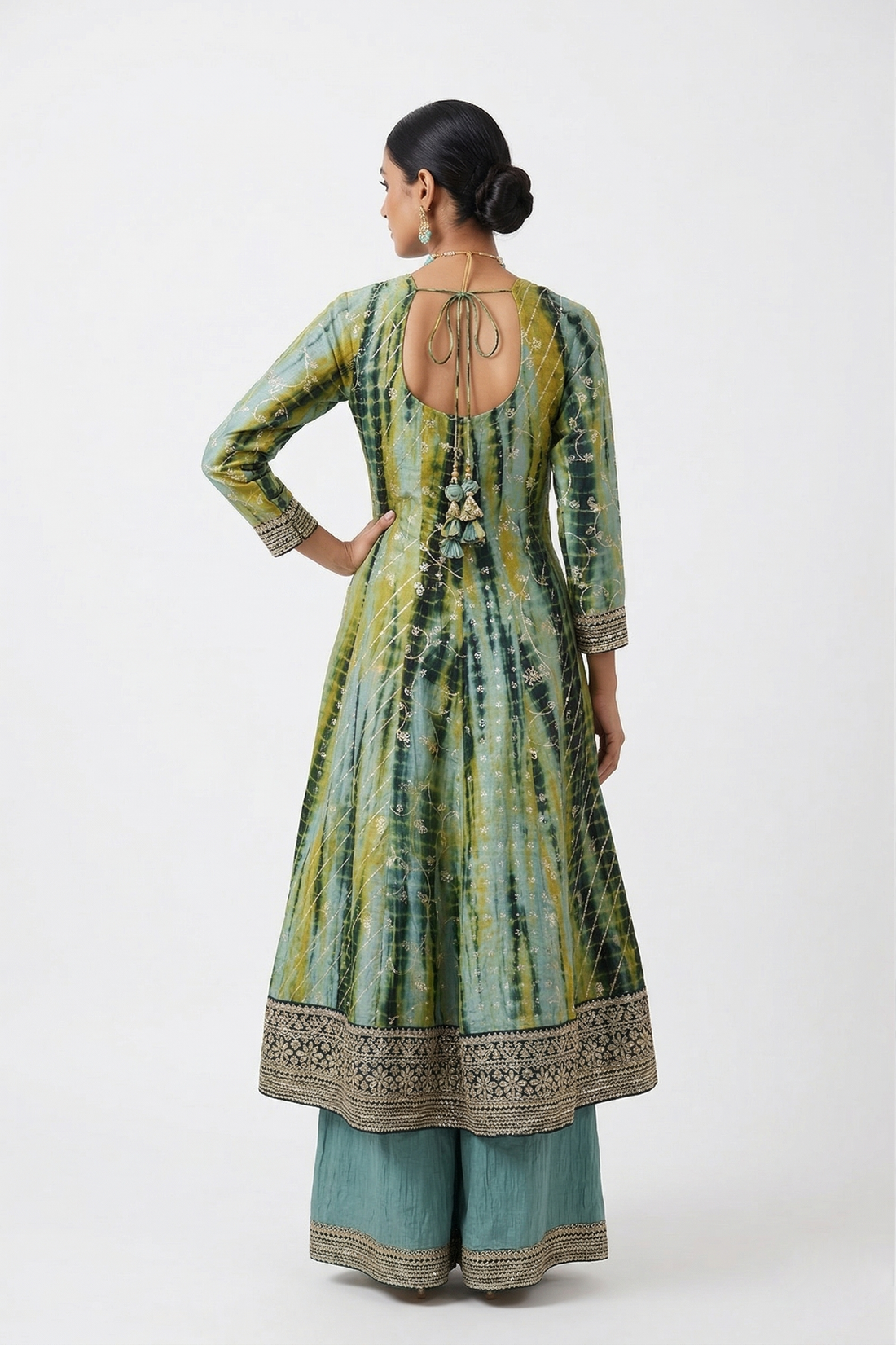 Mint Green & Lime Tie-Dye Anarkali Set with Zari Border Dupatta