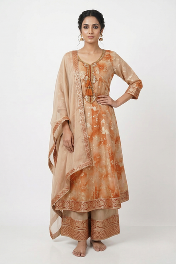 Peach Ombre Floral Zari Anarkali Set with Elegant Dupatta