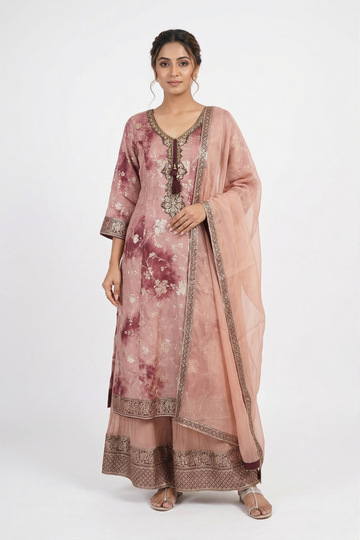 Light Rose Gold Floral Printed Kurta Sharara Set With Dupatta