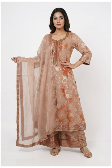 Peach Blush Embroidered Kurta Palazzo Set With Dupatta