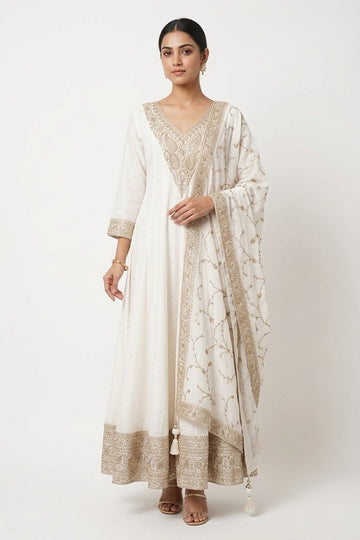 Ivory Gold Embroidered Anarkali Gown Set With Designer Dupatta