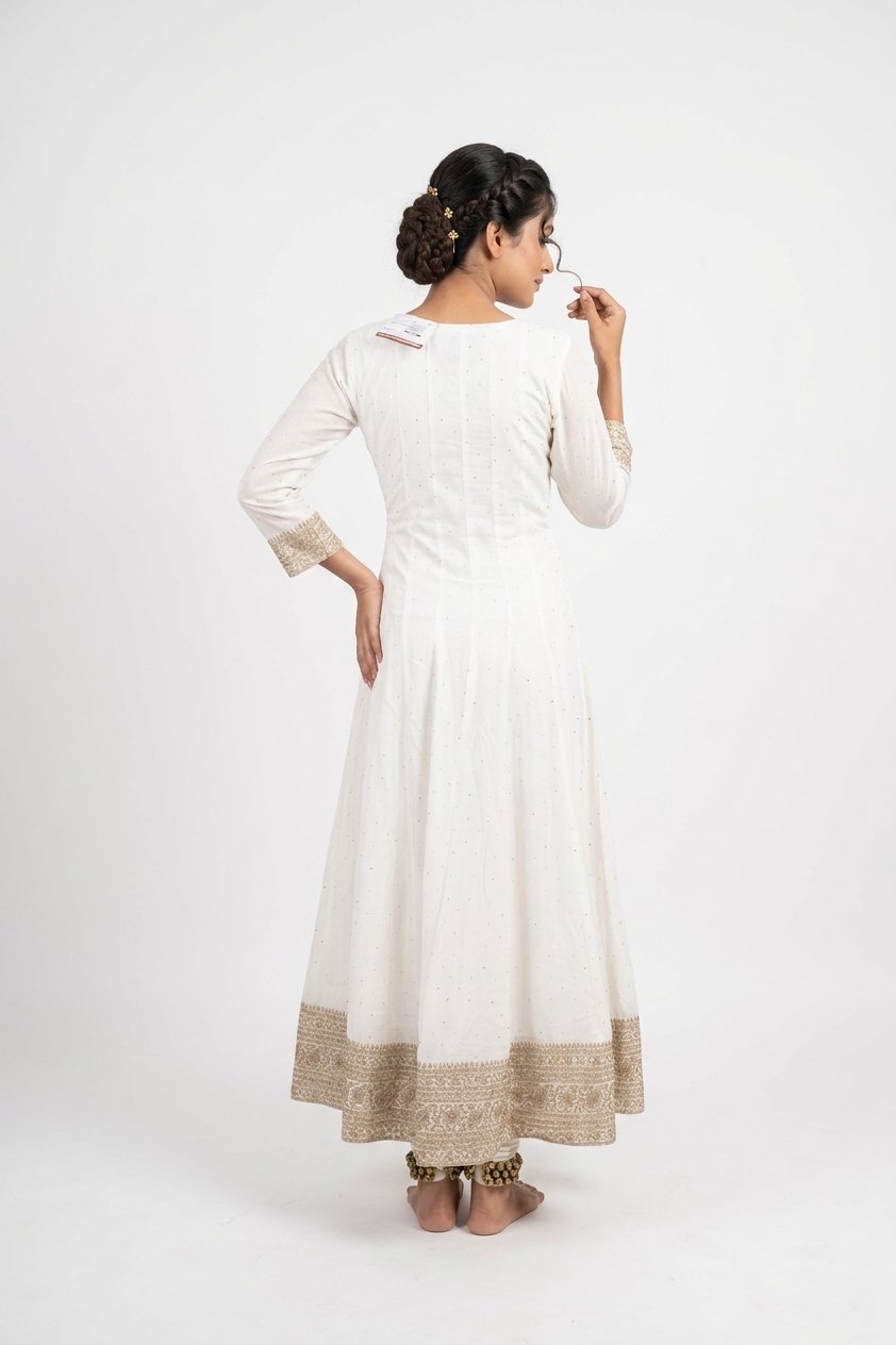 Ivory Gold Embroidered Anarkali Gown Set With Designer Dupatta