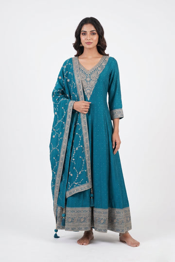 Royal Teal Embroidered Anarkali Gown Set