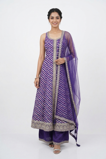 INDIGO Leheriya Anarkali Set with Embroidered Dupatta