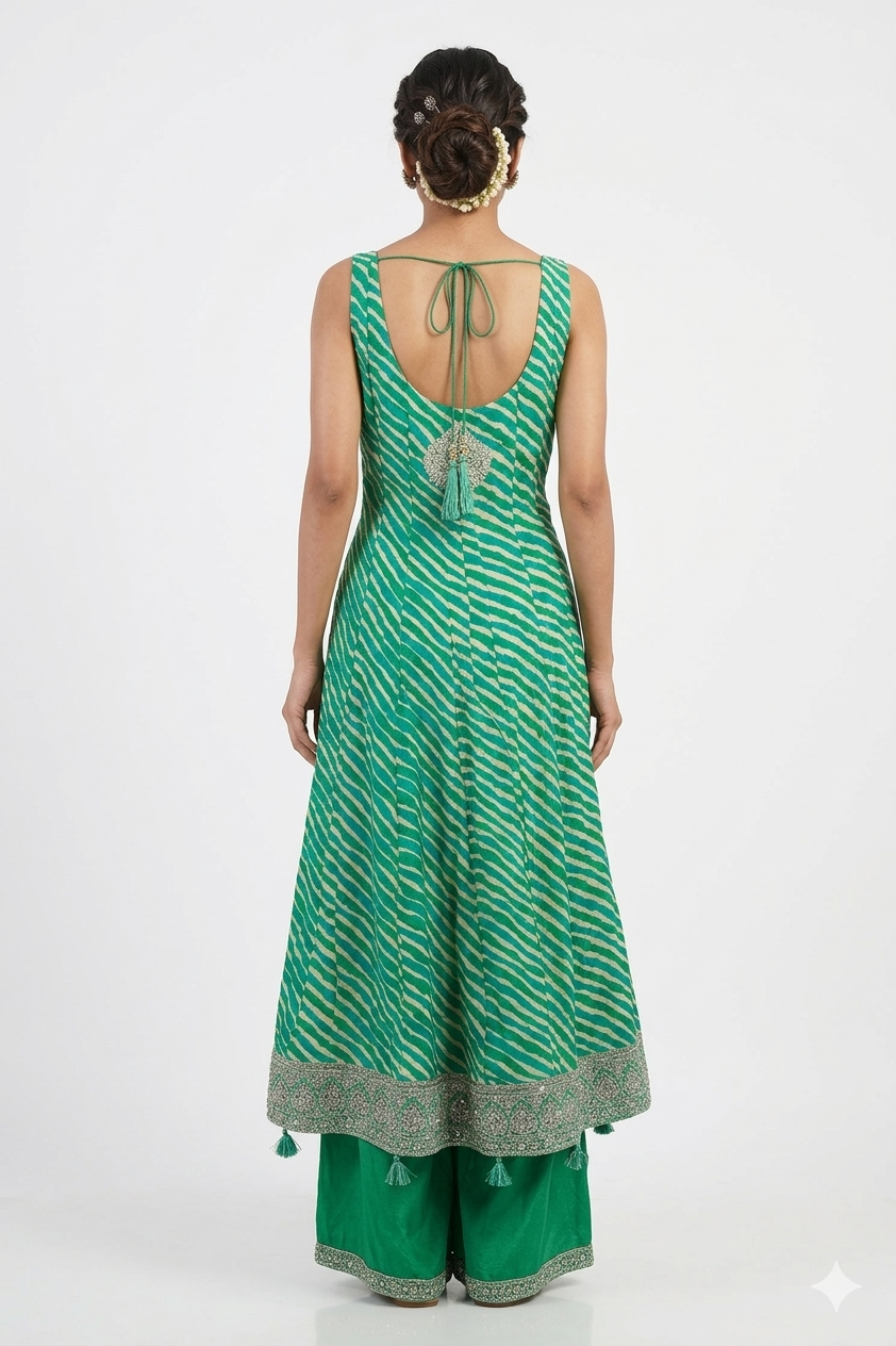 Medium Aqua  Leheriya Anarkali Suit Set With Palazzo & Organza Dupatta