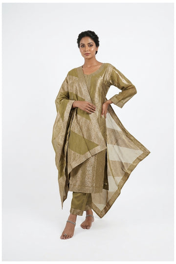 Olive Gold Woven Kurta Pant Set With Dupatta