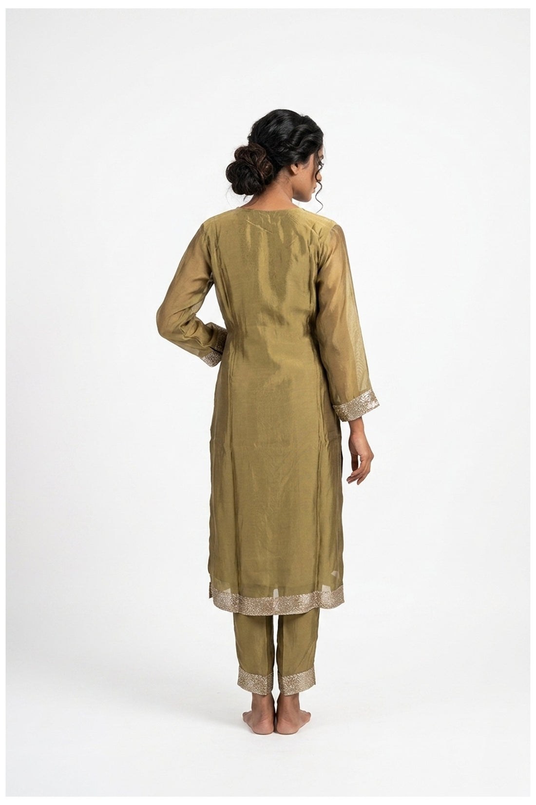 Olive Gold Woven Kurta Pant Set With Dupatta