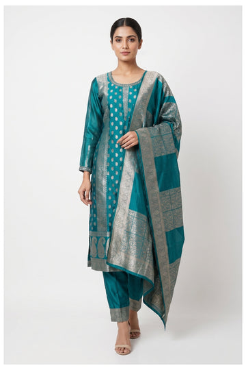 Teal Brocade Kurta Pant Set With Woven Dupatta