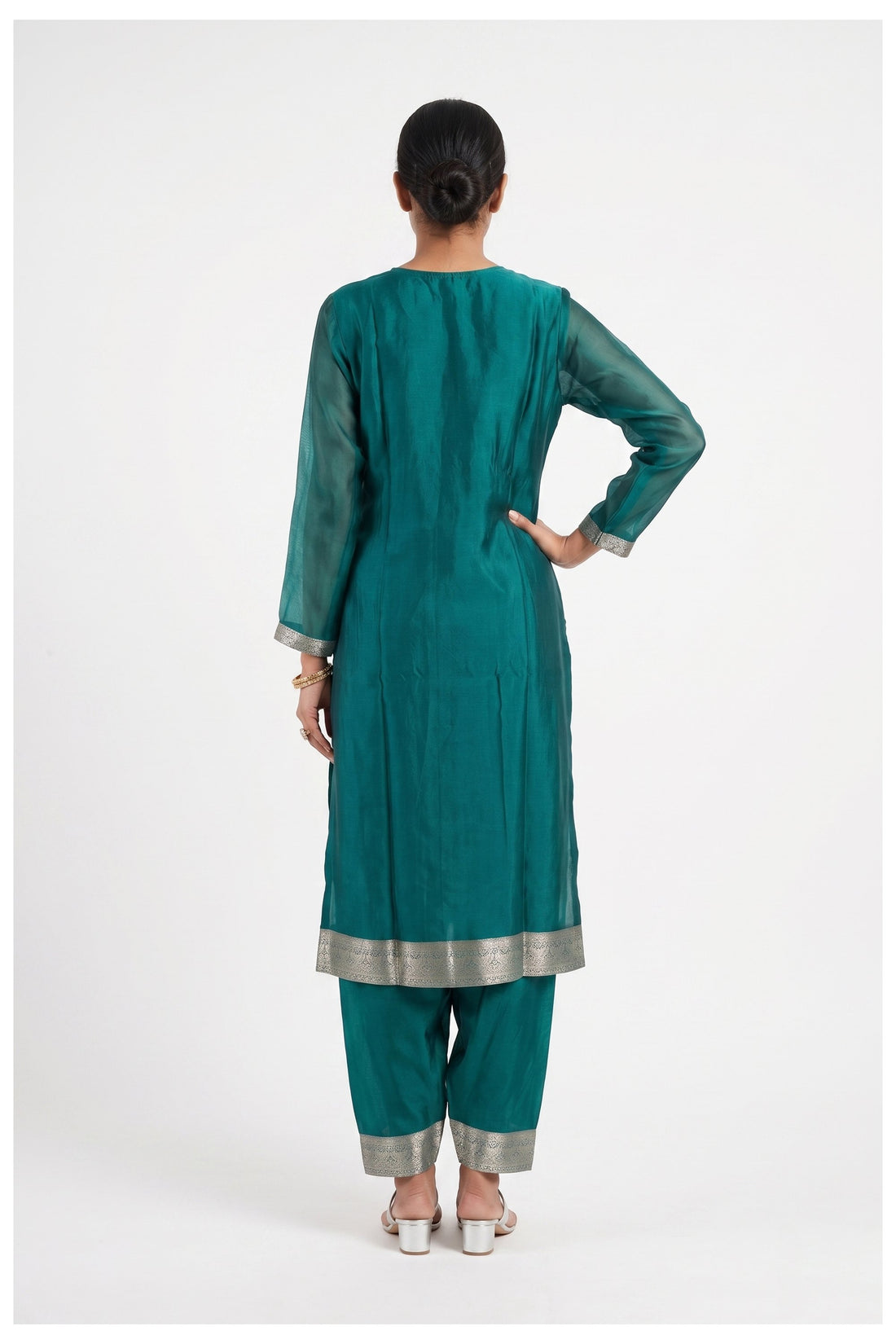 Teal Brocade Kurta Pant Set With Woven Dupatta