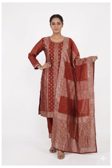 Rust Red Brocade Kurta Pant Set With Woven Dupatta