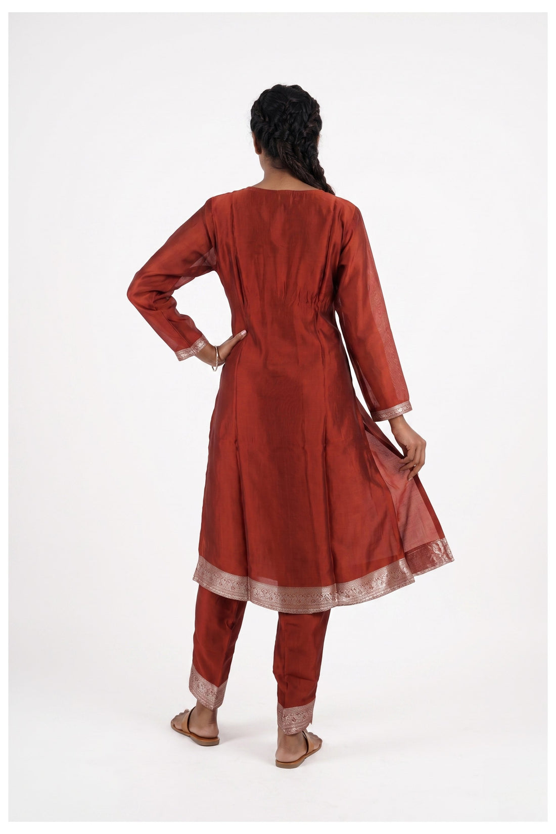 Rust Red Brocade Kurta Pant Set With Woven Dupatta