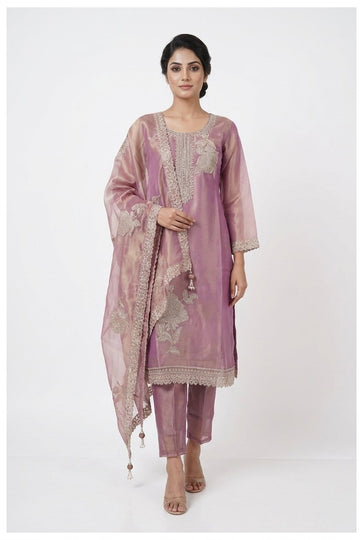 Dusty Rose Embroidered Kurta Pant Set With Dupatta