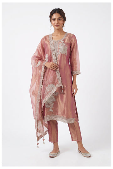Rose Pink Embroidered Kurta Pant Set With Dupatta