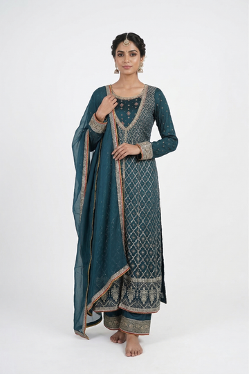 Dark Steel Blue Embroidered Kurta Palazzo Set With Dupatta