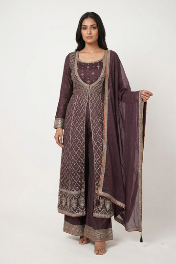 Elegant Plum Embroidered Kurta Set With Palazzo & Dupatta