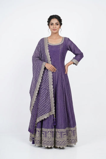 Royal Purple Embroidered Anarkali Gown Set With Striped Dupatta