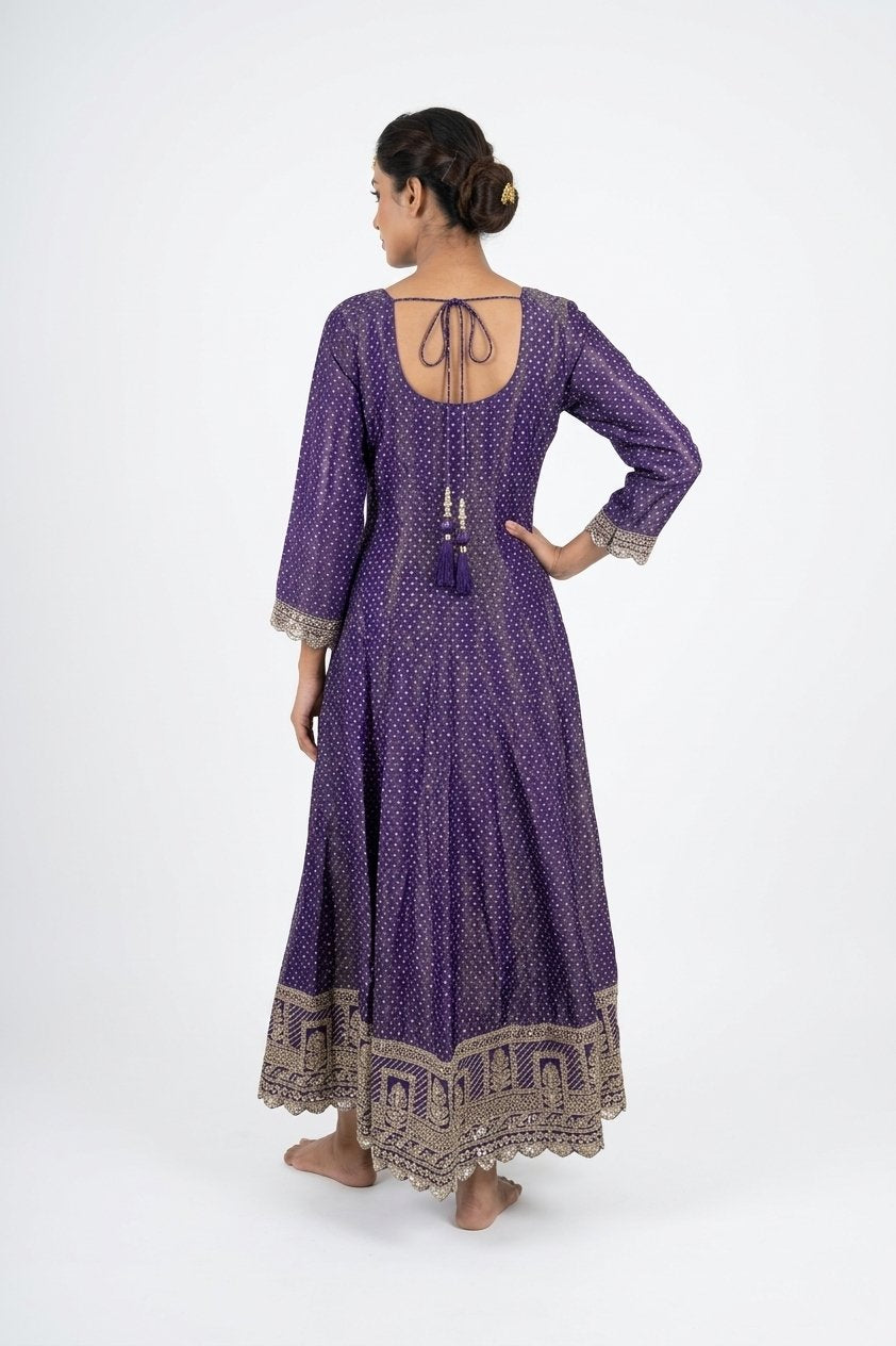 Royal Purple Embroidered Anarkali Gown Set With Striped Dupatta