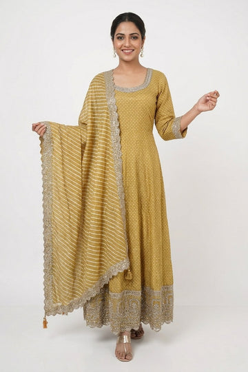 Mustard Gold Embroidered Anarkali Gown Set With Striped Dupatta