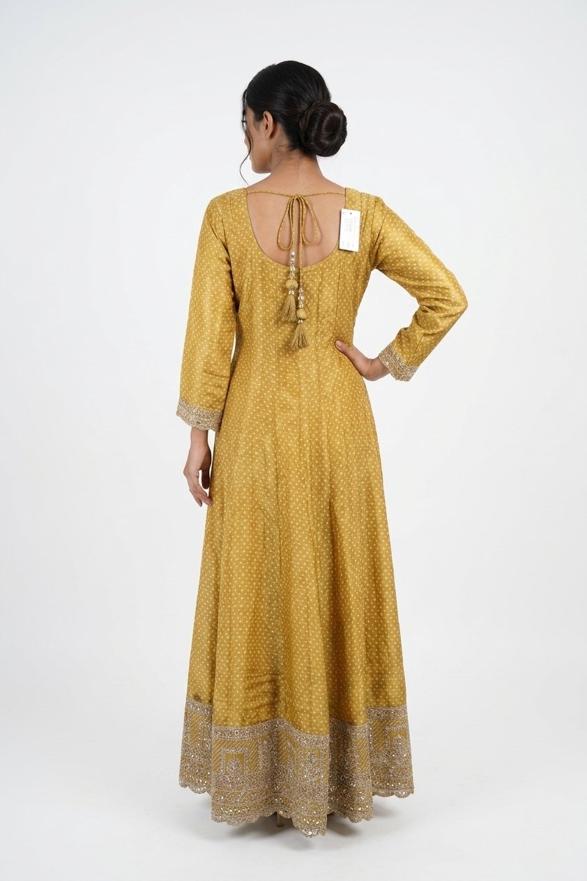 Mustard Gold Embroidered Anarkali Gown Set With Striped Dupatta