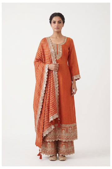 Rust Orange Embroidered Kurta Palazzo Set With Dupatta