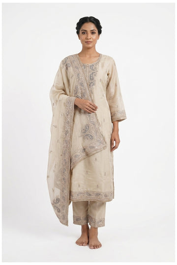 Ivory Beige Embroidered Kurta Pant Set With Dupatta