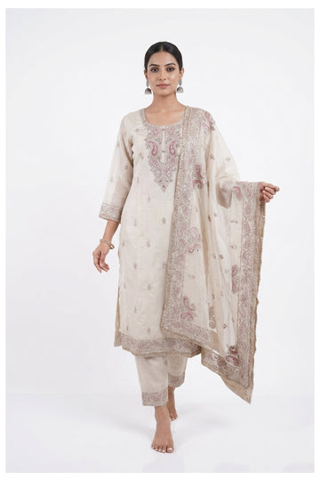 Ivory Paisley Embroidered Luxury Suit Set With Designer Dupatta