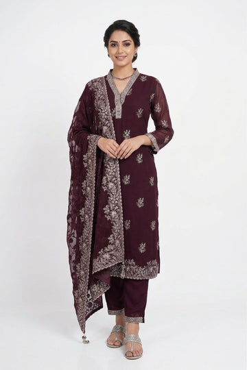 Wine Purple Embroidered Straight Kurta Set With Designer Dupatta