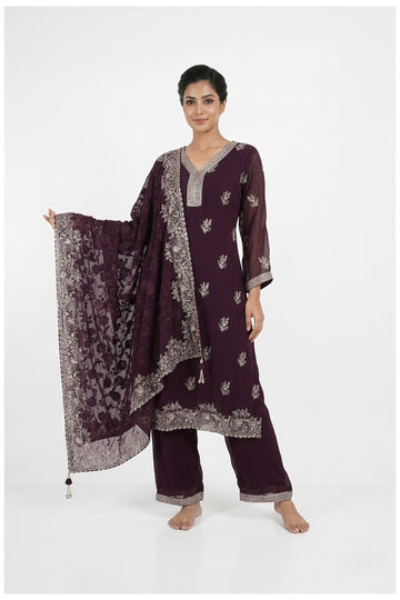 Wine Embroidered Kurta Pant Set With Dupatta