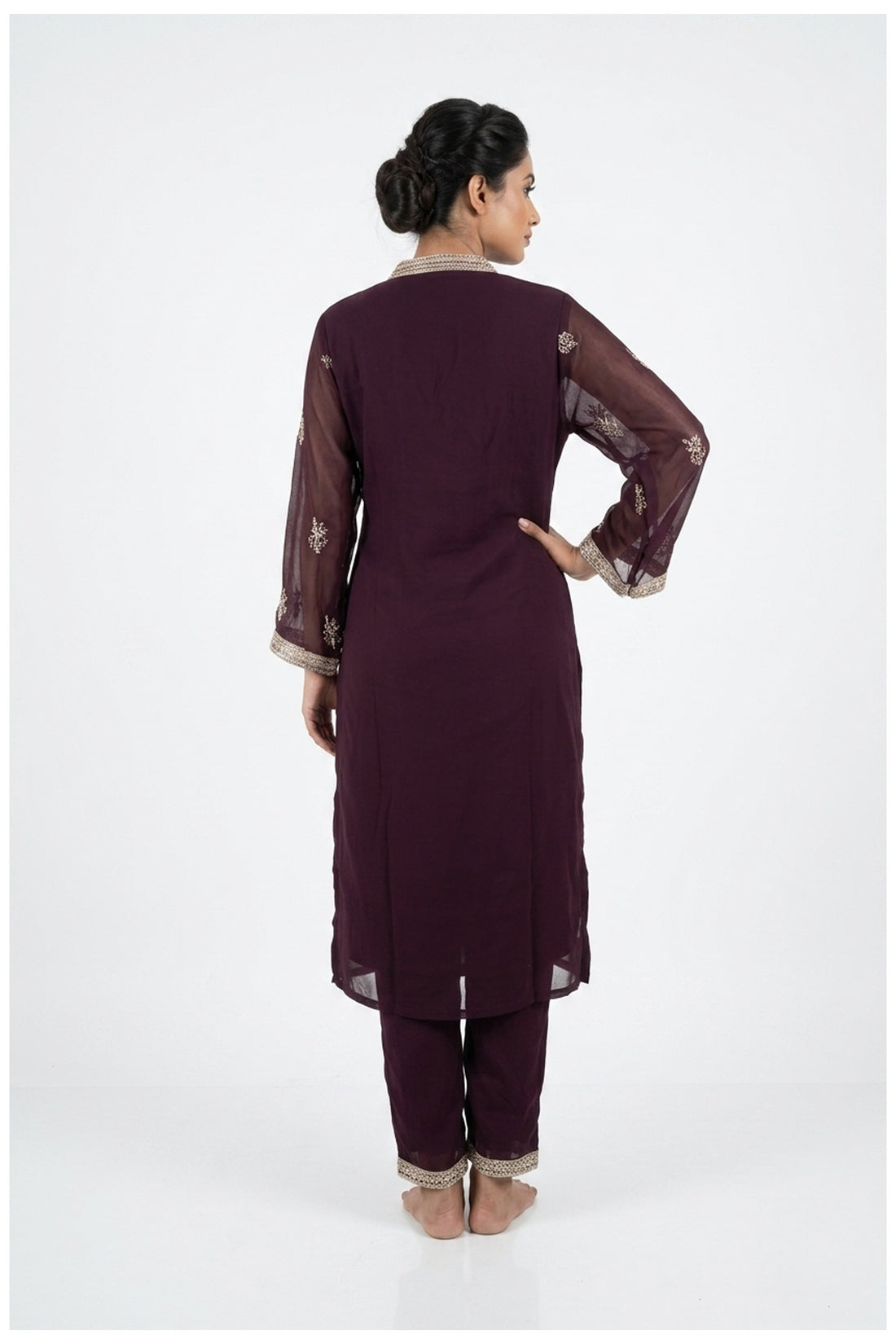 Wine Embroidered Kurta Pant Set With Dupatta