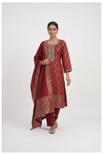 Maroon Zari Woven Straight Kurta Set With Dupatta