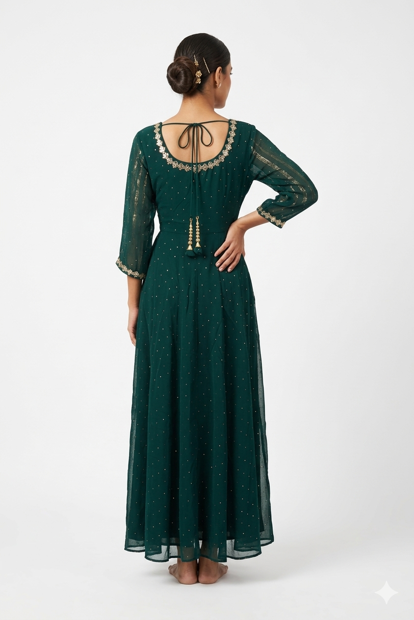 Bottle Green Anarkali Suit Set With Zari Embellishments & Organza Dupatta