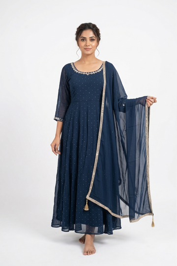 Elegant Navy Blue Georgette Anarkali Set With Sequin Work & Dupatta