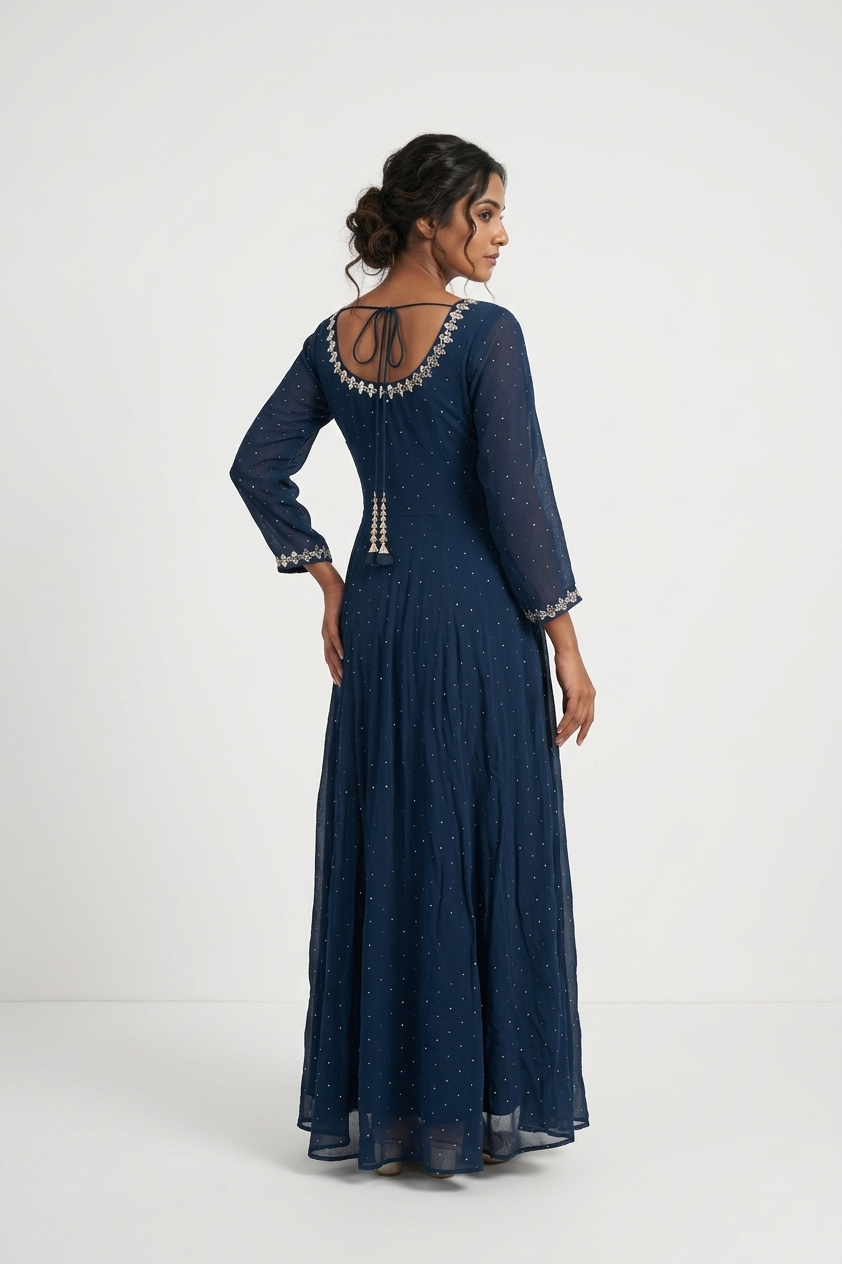 Elegant Navy Blue Georgette Anarkali Set With Sequin Work & Dupatta