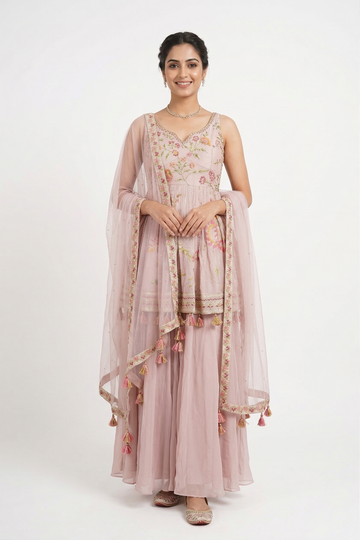 Blush Peach Embroidered Kurta Set with Elegant Dupatta & Palazzo