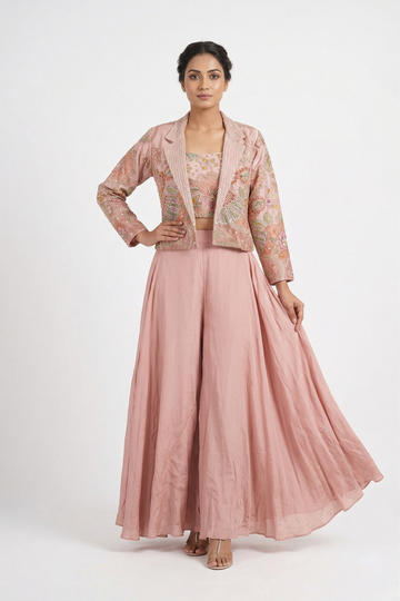Light Rose Gold Embroidered Jacket Palazzo Set