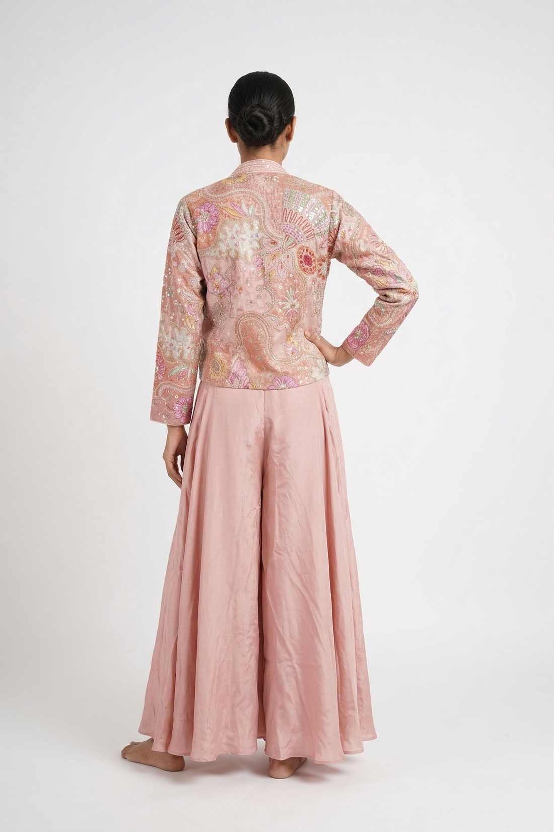Light Rose Gold Embroidered Jacket Palazzo Set