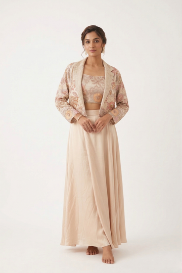 Light Bisque Embroidered Jacket Skirt Set