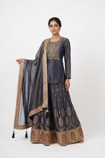 DARK DEEP STEEL Blue Banarasi Silk Kurta Lehenga Set with Woven Dupatta