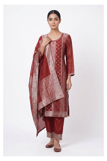 Wine Zari Woven Festive Suit Set With Elegant Dupatta