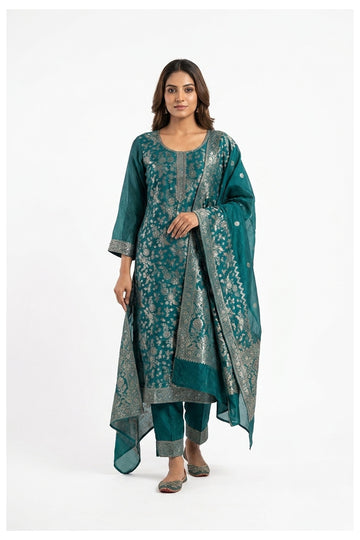 Teal Blue Banarasi Woven Festive Suit Set With Elegant Dupatta