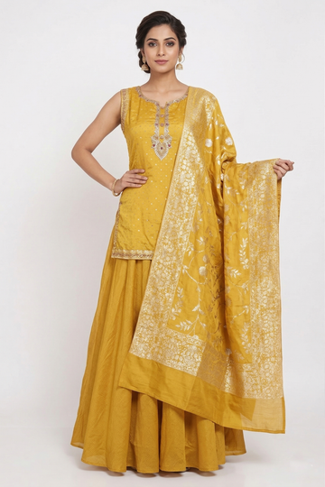 Yellow Gold Embroidered Kurta Sharara Set With Banarasi Dupatta