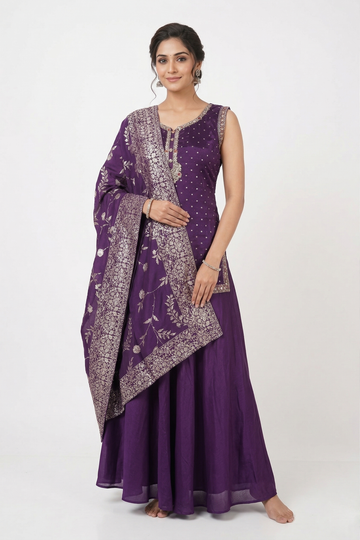 Dark Purple Embroidered Kurta Sharara Set With Banarasi Dupatta