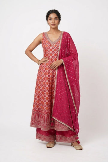 Rani Pink Sleeveless Embroidered Anarkali Gown Set With Dupatta
