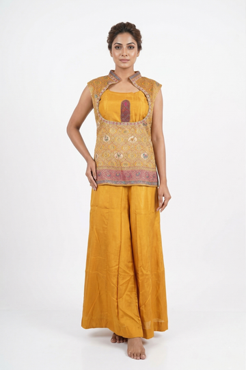 Mustard Yellow Silk Palazzo Set With Printed Jacket Style Kurti