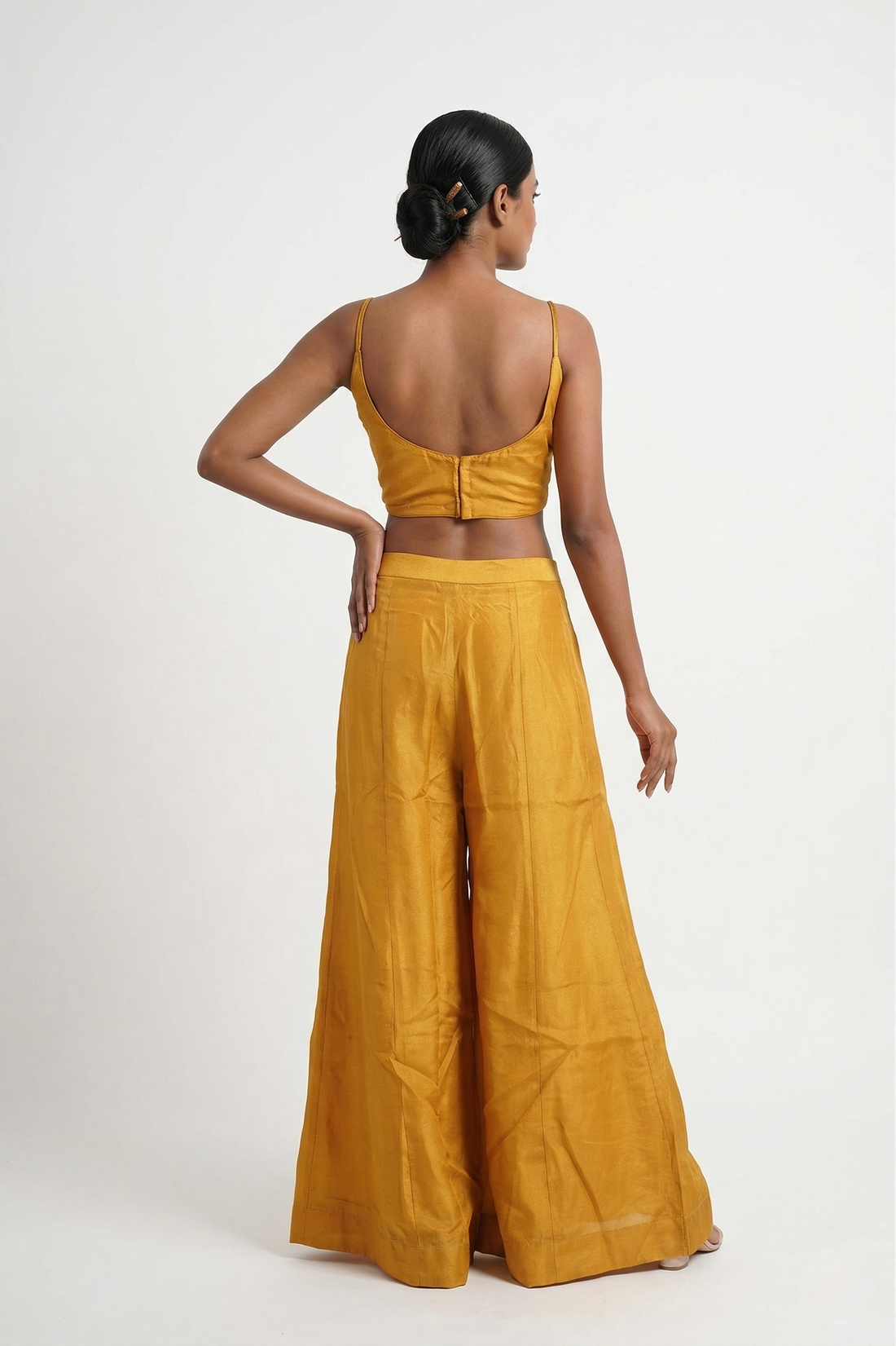 Mustard Yellow Silk Palazzo Set With Printed Jacket Style Kurti