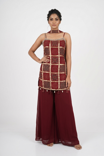 Wine Maroon Mirror Work Kurta Sharara Set with Statement Neck Detailing