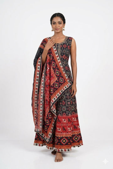 Black & Red Tribal Print Anarkali Gown Set With Designer Dupatta