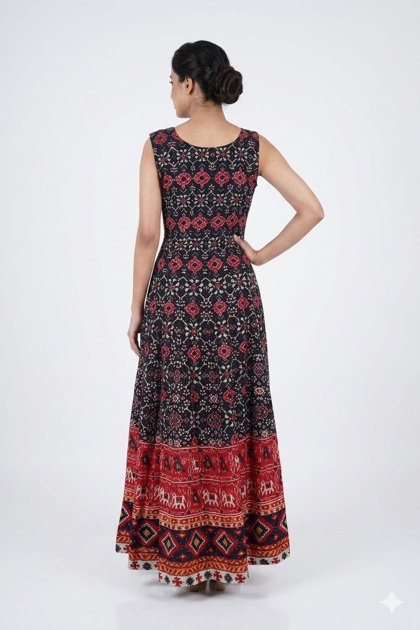 Black & Red Tribal Print Anarkali Gown Set With Designer Dupatta